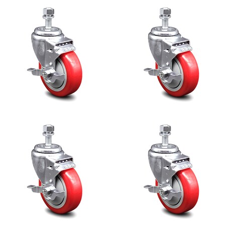 Service Caster 4 Inch Red Polyurethane Swivel 1/2 Inch Threaded Stem Caster Set with Brake SCC SCC-TS20S414-PPUB-RED-TLB-121315-4